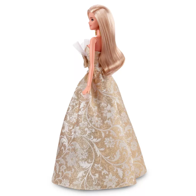 Barbie Signature 2025 svētku modes lelle, sezonas kolekcionāra lelle, blondīne sudraba un zelta kleitā