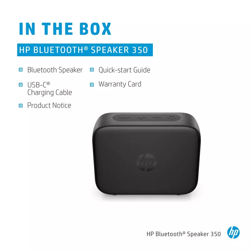 HP melns Bluetooth skaļrunis 350, bezvadu, USB Type-C, mono pārnēsājams skaļrunis, melns, taisnstūrveida, pogas