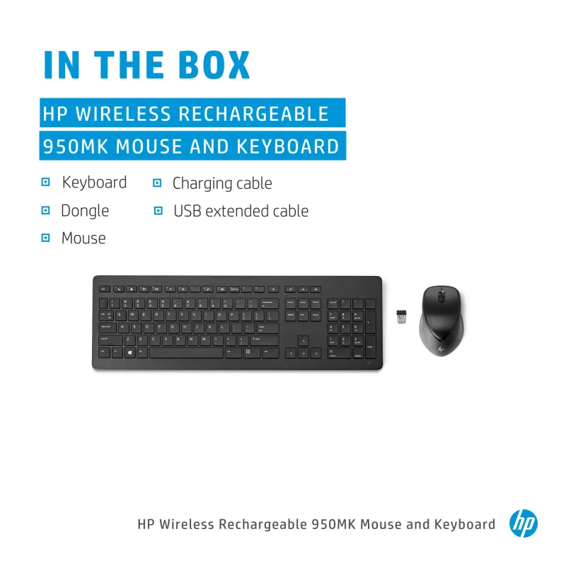 HP Wireless Rechargeable 950MK pele un tastatūra, pilna izmēra bezvadu mehāniskā