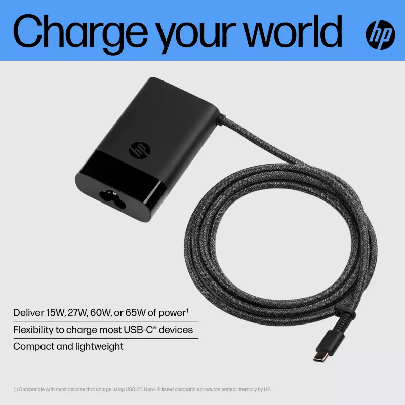 HP USB-C 65 W portatīvā datora lādētājs, portatīvais dators, iekštelpām, 90 V, 65 W, 5–20 V, 1,6 A