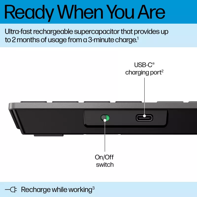 HP 720 Multi-Device Rechargeable Wireless tastatūra, Full-size (100%), Wireless, USB + Bluetooth, Mechanical, QWERTY, Melns