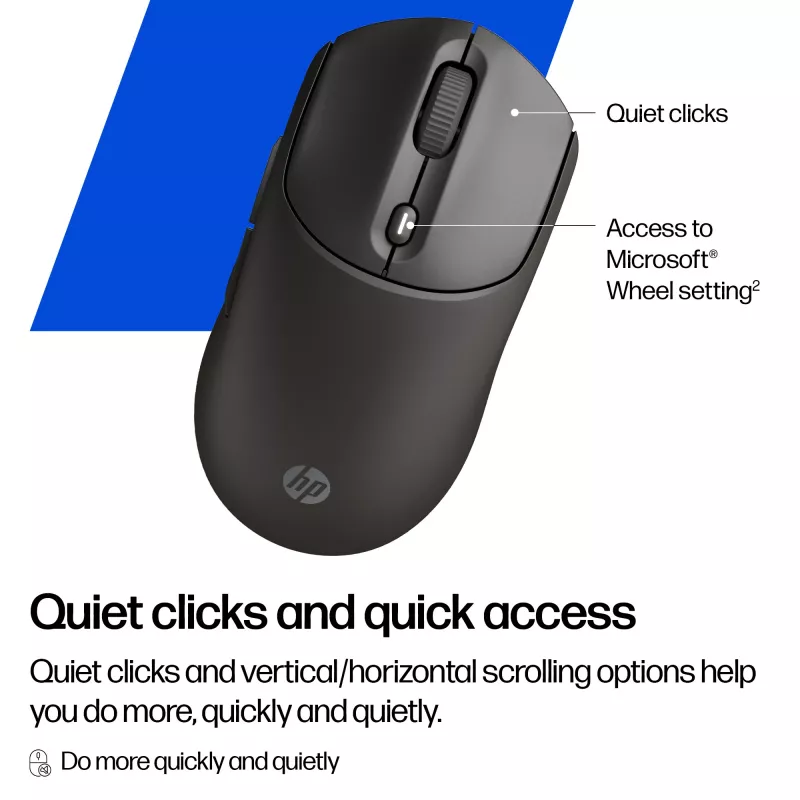 Bezvadu pele HP 405 Quiet — piemērota abām rokām, Optiskā 1200 DPI, RF bezvadu + Bluetooth, 5 pogas, darbināma ar baterijām, melna