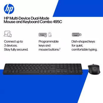 Tastatūras un peles komplekts HP 495C — Pilna izmēra bezvadu tastatūra, vairāku ierīču pele, USB/RF/Bluetooth, melna