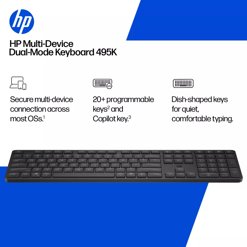 HP 495K vairāku ierīču divrežīmu tastatūra, pilna izmēra (100%), bezvadu, USB + Bluetooth, melna