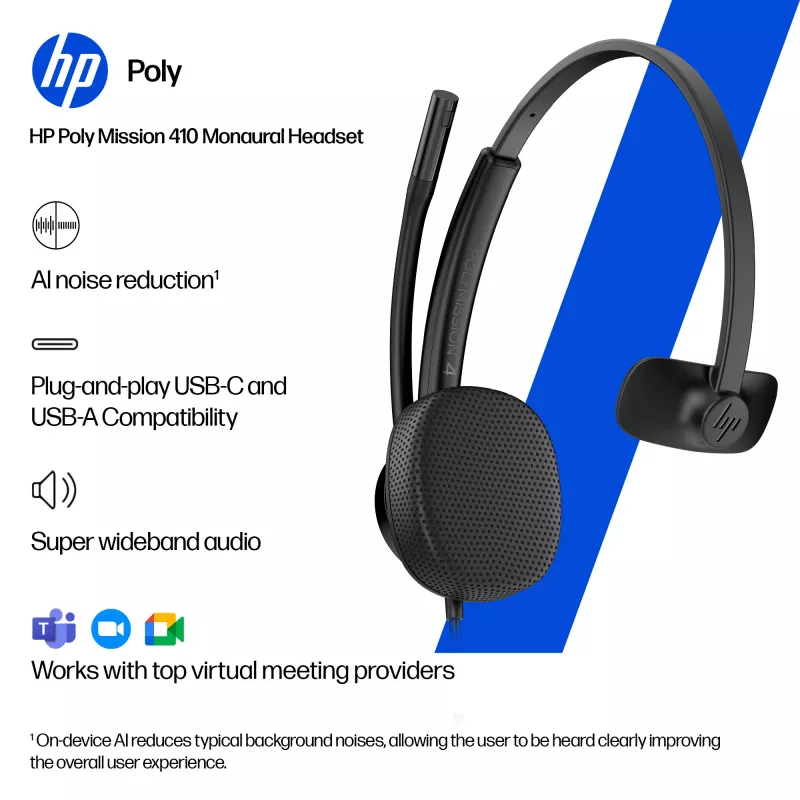 HP Poly Mission 415 monoaura USB vadu austiņas (bez iepakojuma), 99 g, melnas