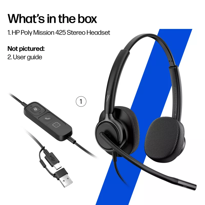 Vadu stereo austiņas HP POLY Mission 425 Classic, USB savienojums, 126 g