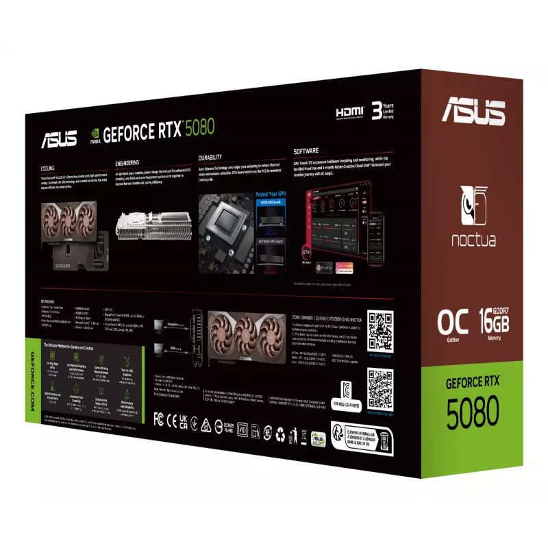 Grafikas karte ASUS GeForce RTX 5080 16 GB GDDR7, PCIe 5.0, 256-bit, 385×80×151 mm, 3 ventilatori, 16-pin barošana