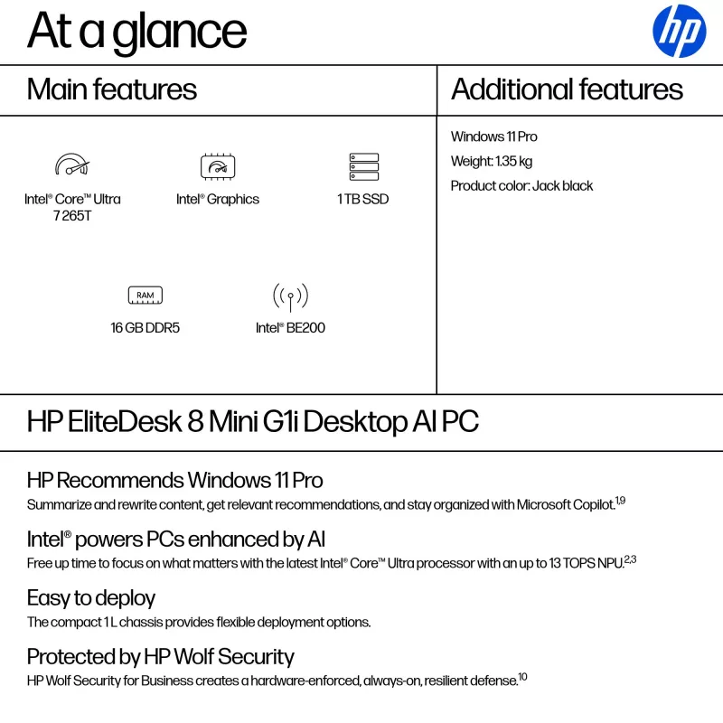 Mini PC HP EliteDesk 8 Mini G1i AI — Intel Core Ultra 7 265T, 16 GB DDR5, 1 TB SSD, Windows 11 Pro, Melns