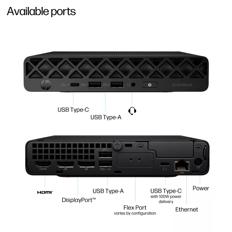 Mini PC HP EliteDesk 8 Mini G1i AI — Intel Core Ultra 7 265T, 16 GB DDR5, 1 TB SSD, Windows 11 Pro, Melns