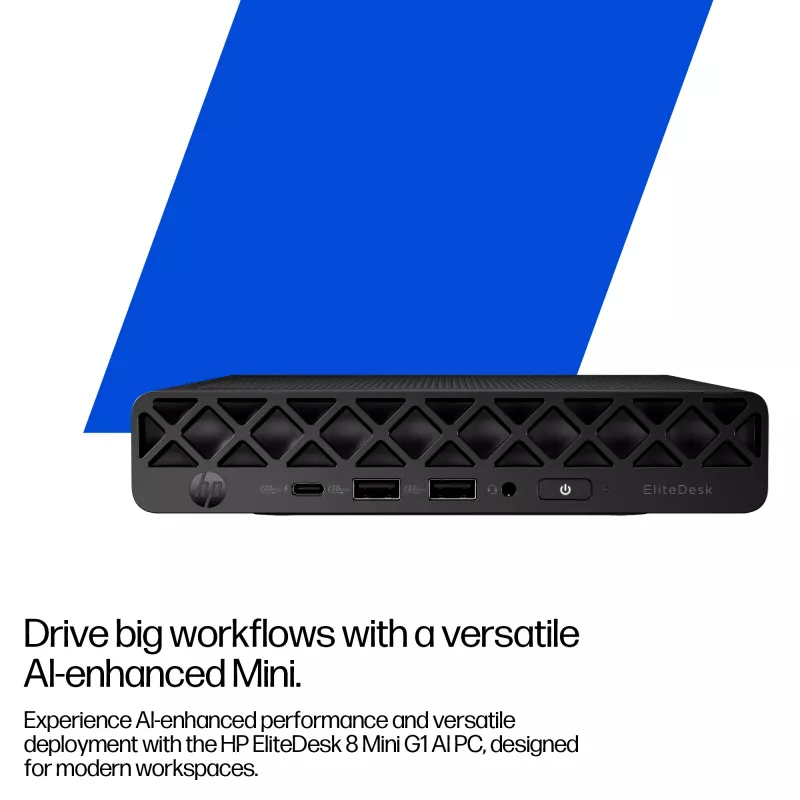 Mini PC HP EliteDesk 8 Mini G1i AI — Intel Core Ultra 7 265T, 16 GB DDR5, 1 TB SSD, Windows 11 Pro, Melns
