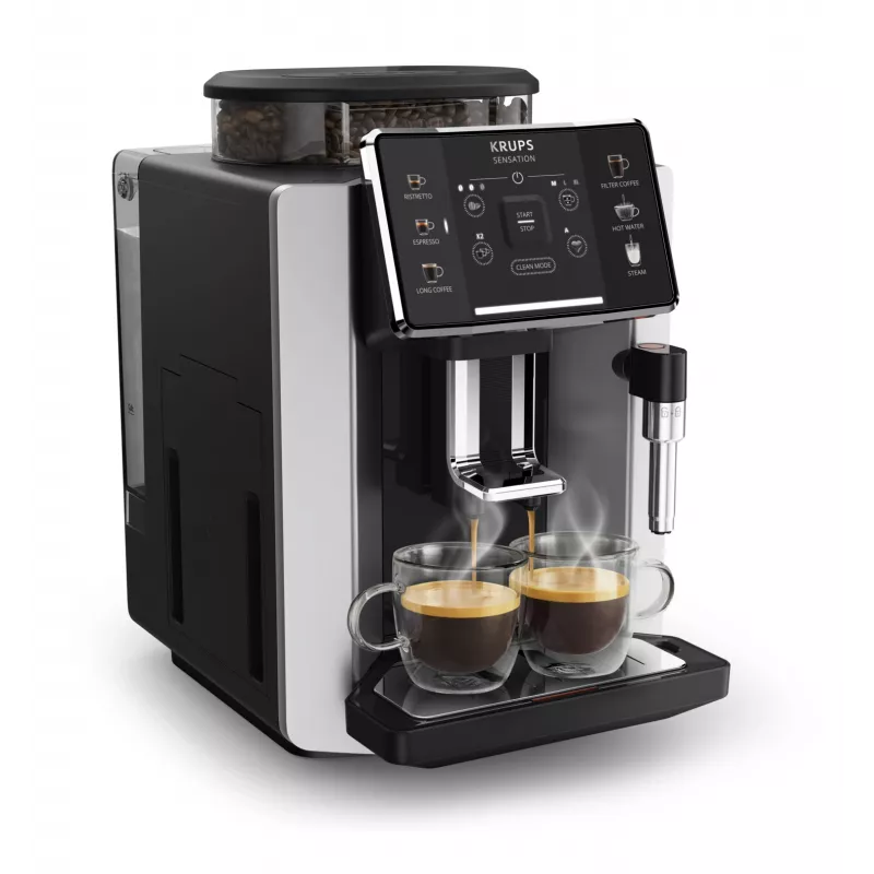 Espresso automāts KRUPS Sensation EA910E — pilnībā automātisks, 1,7 l ūdens tvertne, iebūvēta dzirnaviņas, 2 snīpi, 1450 W