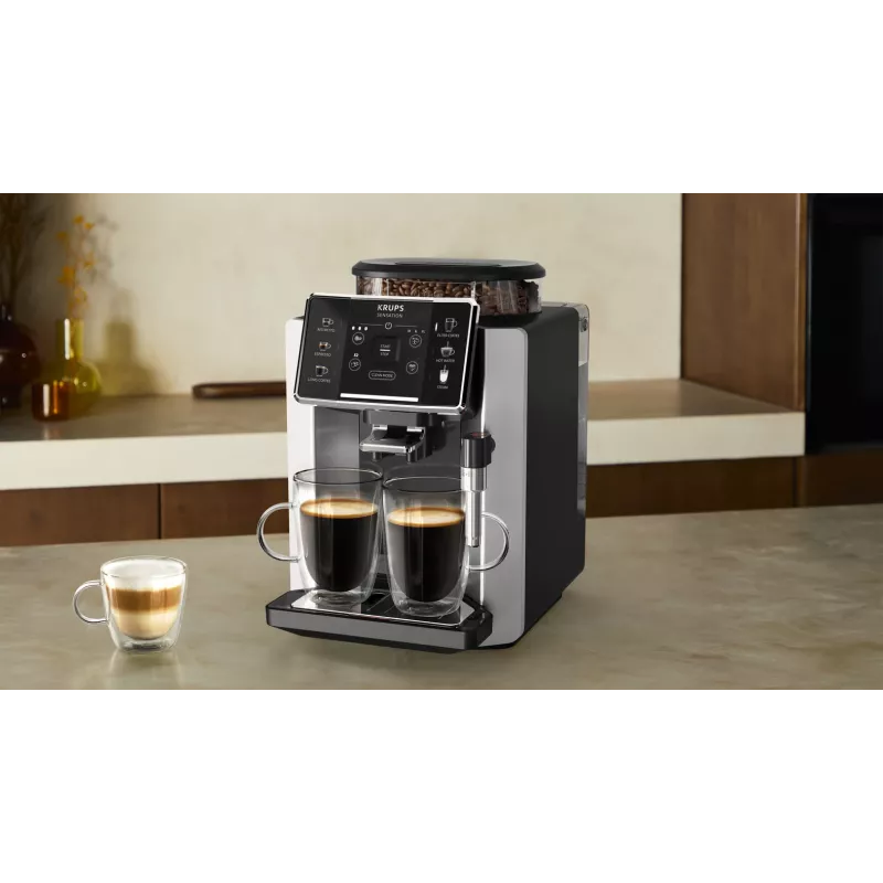 Espresso automāts KRUPS Sensation EA910E — pilnībā automātisks, 1,7 l ūdens tvertne, iebūvēta dzirnaviņas, 2 snīpi, 1450 W