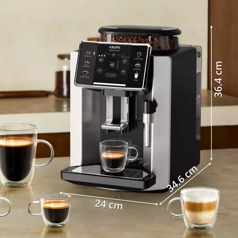 Espresso automāts KRUPS Sensation EA910E — pilnībā automātisks, 1,7 l ūdens tvertne, iebūvēta dzirnaviņas, 2 snīpi, 1450 W