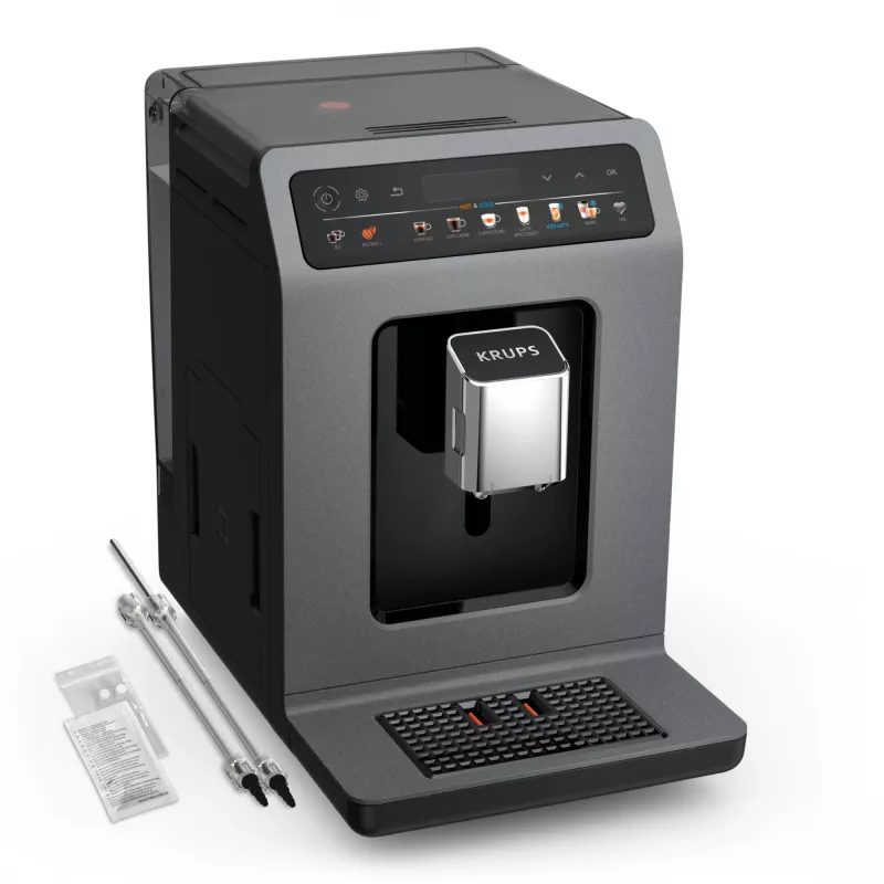 Espresso automāts Krups Evidence Hot & Cold EA898GF0 — pilnībā automātisks, 2,5 l ūdens tvertne, iebūvēta kafijas dzirnaviņas, 2 snīpji