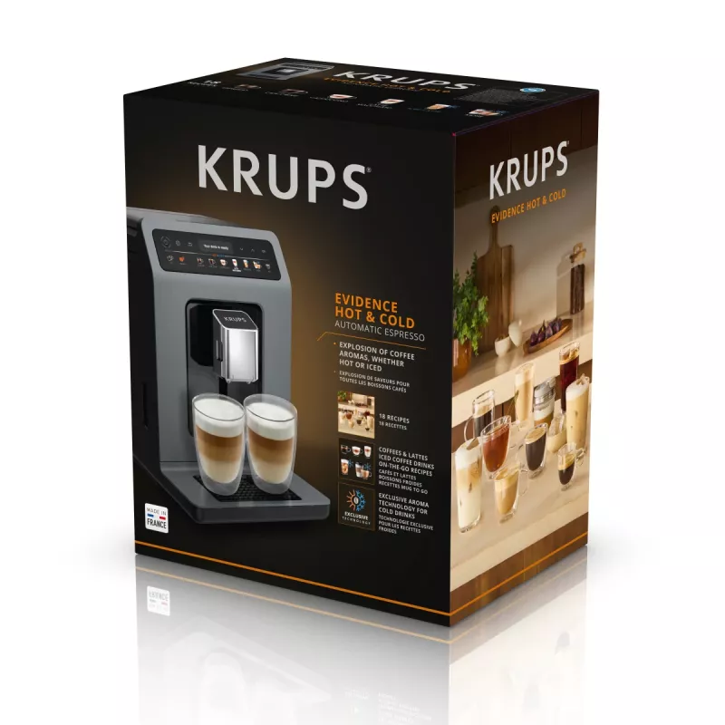 Espresso automāts Krups Evidence Hot & Cold EA898GF0 — pilnībā automātisks, 2,5 l ūdens tvertne, iebūvēta kafijas dzirnaviņas, 2 snīpji