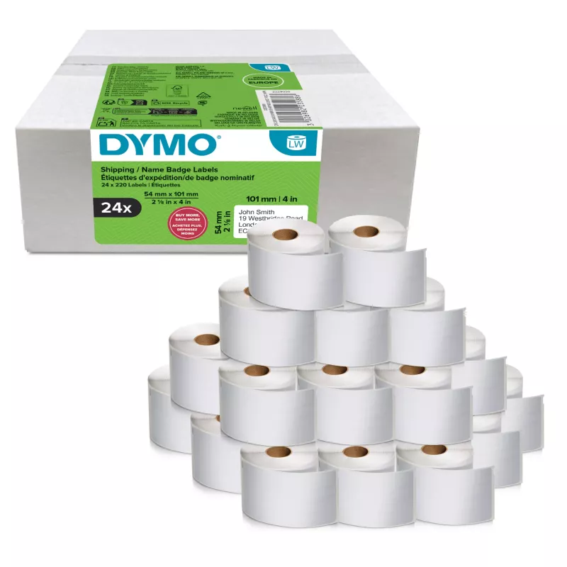 Etiķešu ruļļu iepakojums Dymo LabelWriter 101 x 54 mm, baltas papīra etiķetes, 24 ruļļi (220 etiķetes/rullī)