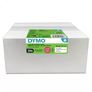 Etiķešu ruļļi Dymo 2223589 — baltas papīra etiķetes 5,4 × 2,5 cm, 500 etiķetes/rullī, 12000 etiķetes/iepakojumā, FSC