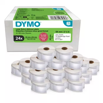 Etiķešu ruļļi Dymo 2223589 — baltas papīra etiķetes 5,4 × 2,5 cm, 500 etiķetes/rullī, 12000 etiķetes/iepakojumā, FSC