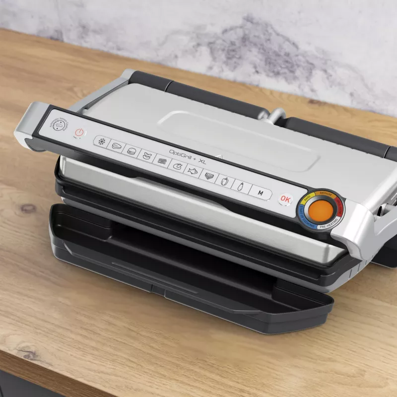Kontaktgrils Tefal Optigrill+ XL GC727D10 — 2000 W, taisnstūra metāla korpuss, 445×365×175 mm