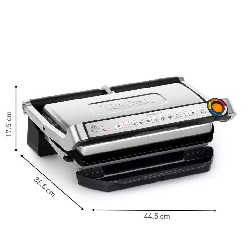 Kontaktgrils Tefal Optigrill+ XL GC727D10 — 2000 W, taisnstūra metāla korpuss, 445×365×175 mm