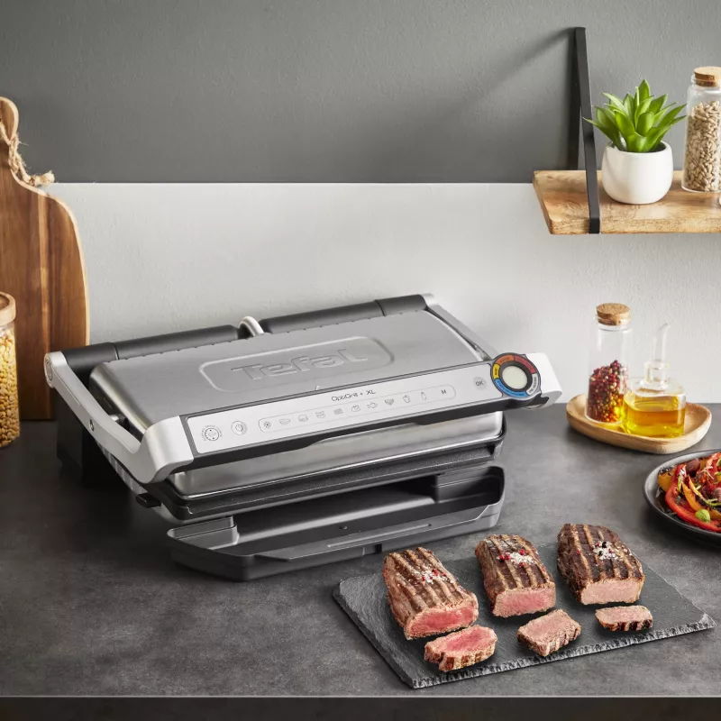 Kontaktgrils Tefal Optigrill+ XL GC727D10 — 2000 W, taisnstūra metāla korpuss, 445×365×175 mm