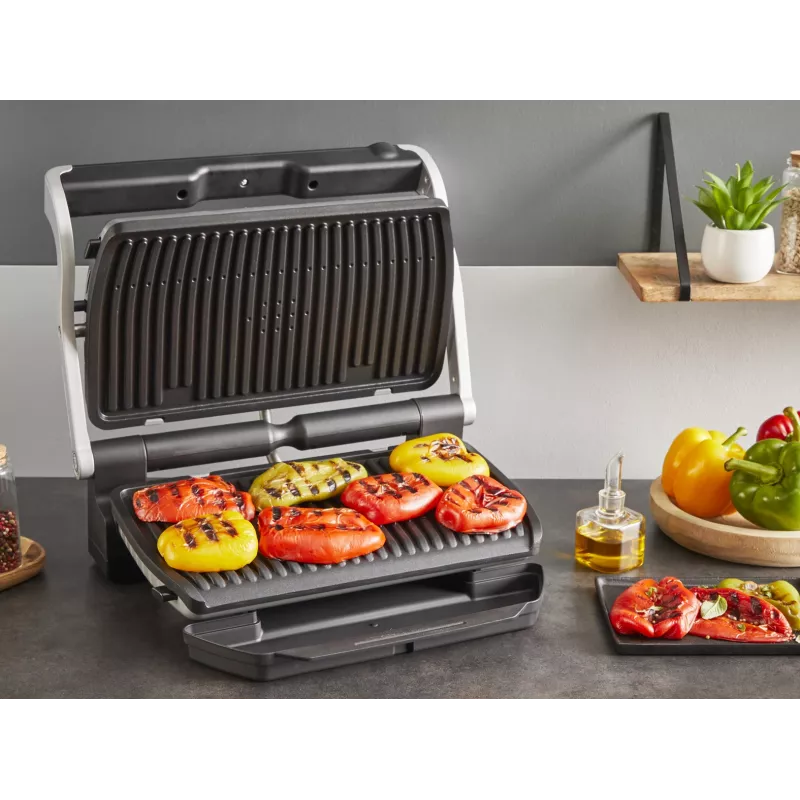 Kontaktgrils Tefal Optigrill+ XL GC727D10 — 2000 W, taisnstūra metāla korpuss, 445×365×175 mm