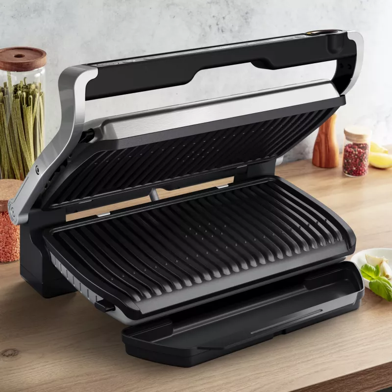 Kontaktgrils Tefal Optigrill+ XL GC727D10 — 2000 W, taisnstūra metāla korpuss, 445×365×175 mm