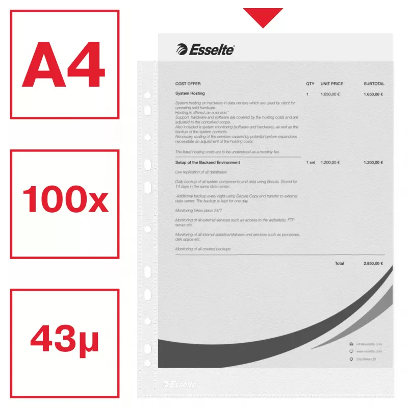 Esselte plastikāta kabatiņas A4 – Economy –, 210 x 297 mm (A4), caurspīdīgas, polipropilēns (PP), portretorientācija, augšējā atvere, 230 mm