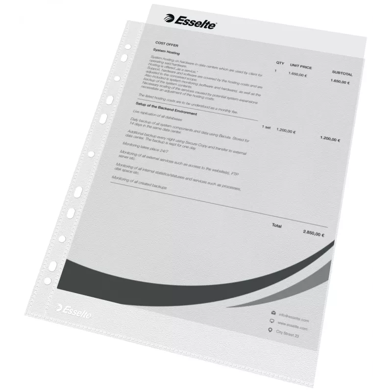 Esselte plastikāta kabatiņas A4 – Economy –, 210 x 297 mm (A4), caurspīdīgas, polipropilēns (PP), portretorientācija, augšējā atvere, 230 mm