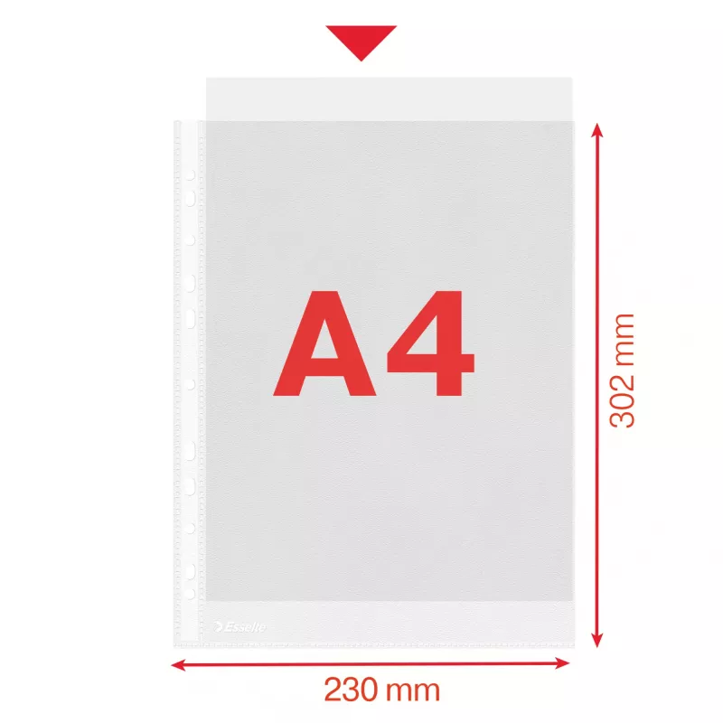 Esselte plastikāta kabatiņas A4 – Economy –, 210 x 297 mm (A4), caurspīdīgas, polipropilēns (PP), portretorientācija, augšējā atvere, 230 mm
