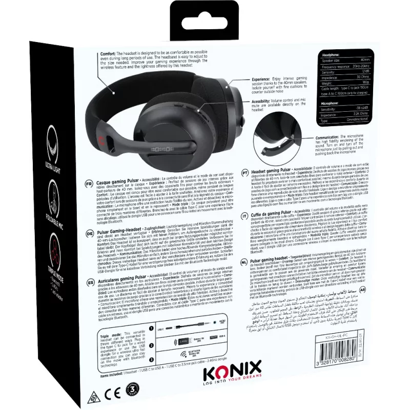 Konix PULSAR austiņas ar vadu un bezvadu savienojamību, galvas lentes, spēlēm, USB Type-C, Bluetooth, melnas