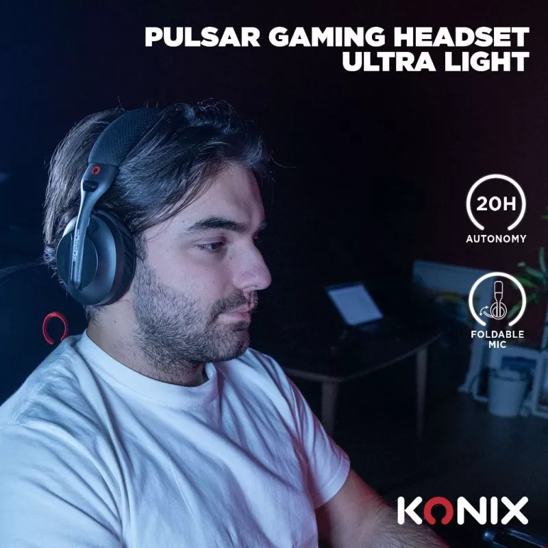Konix PULSAR austiņas ar vadu un bezvadu savienojamību, galvas lentes, spēlēm, USB Type-C, Bluetooth, melnas