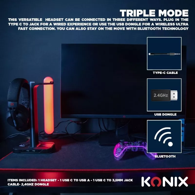 Konix PULSAR austiņas ar vadu un bezvadu savienojamību, galvas lentes, spēlēm, USB Type-C, Bluetooth, melnas