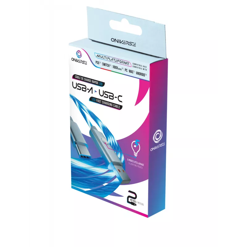 Oniverse USB-A–USB-C ātrās uzlādes kabelis ar LED – 2 metri – balts (vairākplatformu)