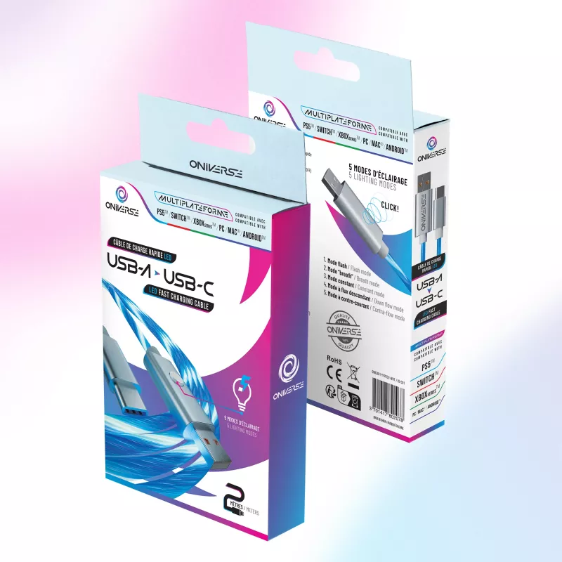 Oniverse USB-A–USB-C ātrās uzlādes kabelis ar LED – 2 metri – balts (vairākplatformu)