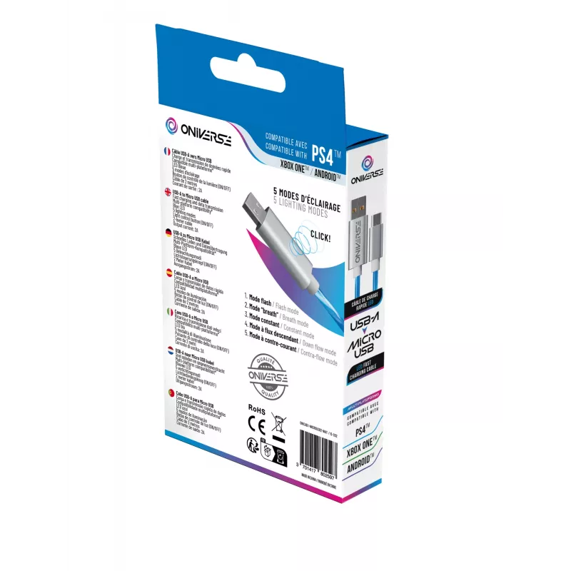 Oniverse Micro USB uzlādes kabelis ar LED - 2 metri - Balts (Multiplatform)