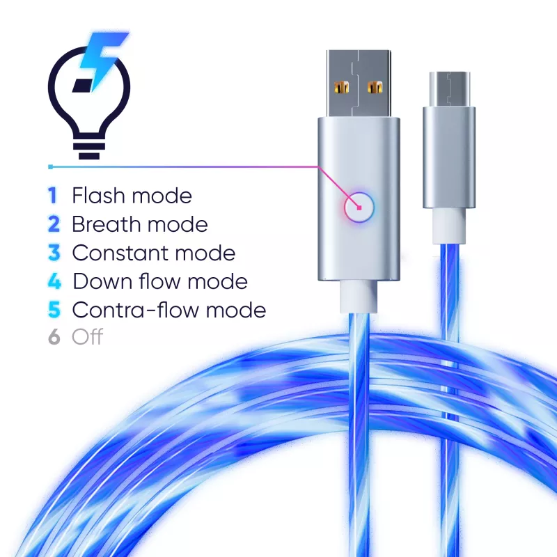 Oniverse Micro USB uzlādes kabelis ar LED - 2 metri - Balts (Multiplatform)