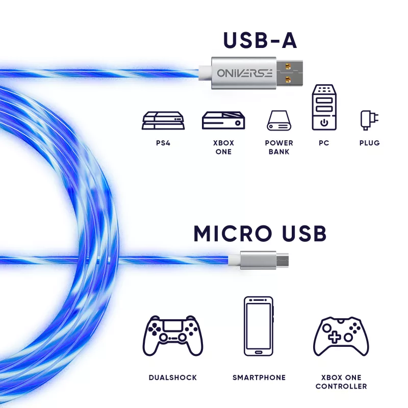Oniverse Micro USB uzlādes kabelis ar LED - 2 metri - Balts (Multiplatform)