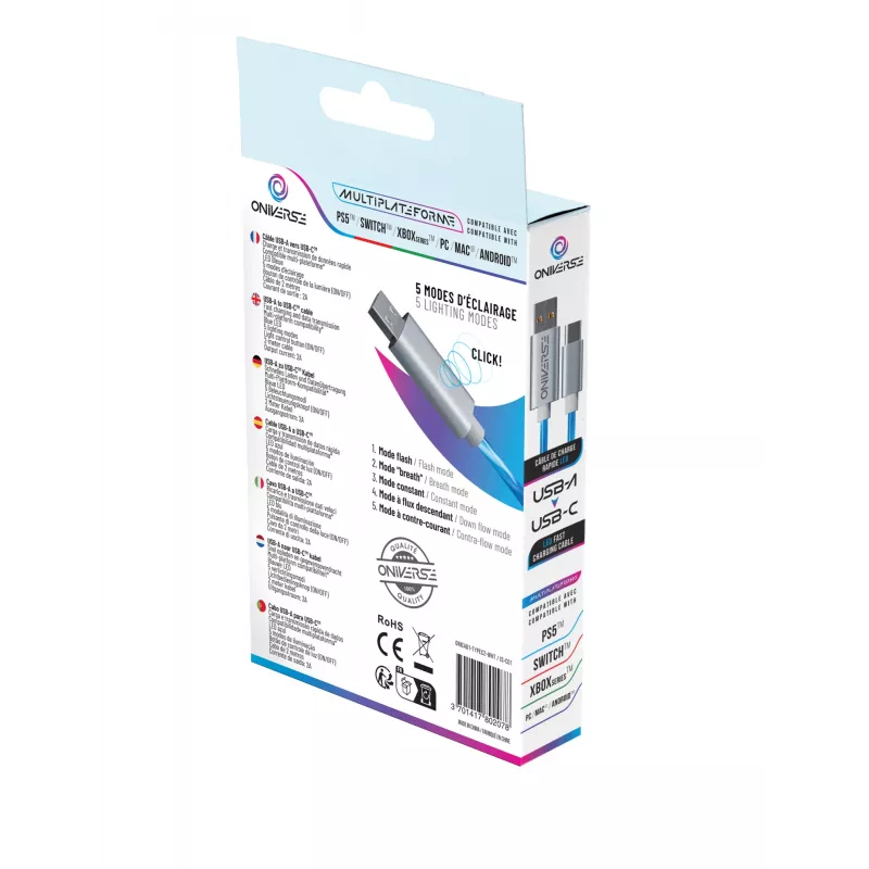 Oniverse USB-C–USB-C ātrās uzlādes kabelis – 2 metri – LED (vairākplatformu)