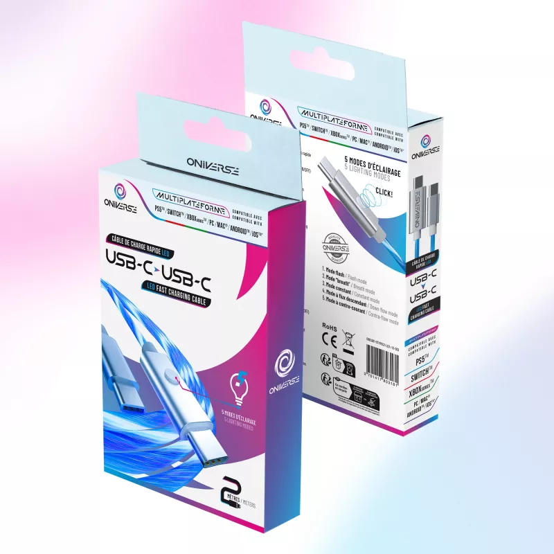 Oniverse USB-C–USB-C ātrās uzlādes kabelis – 2 metri – LED (vairākplatformu)