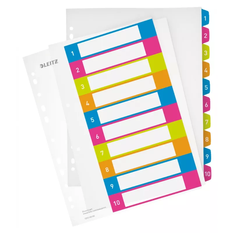 Leitz Indices Printable PP A4+ 1-10 WOW, ciparu tabulēšanas iedalītājs, polipropilēns (PP), daudzkrāsu, ainavorientācija, A4 Maxi, 245 mm