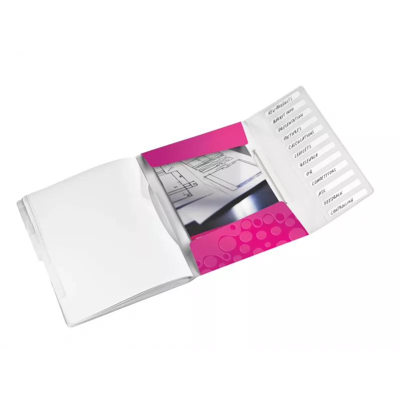 Leitz dalītāju mape WOW PP 12 iedaļas, A4, polipropilēns (PP), metāliska, rozā, 200 lapām, 265 mm, 17 mm