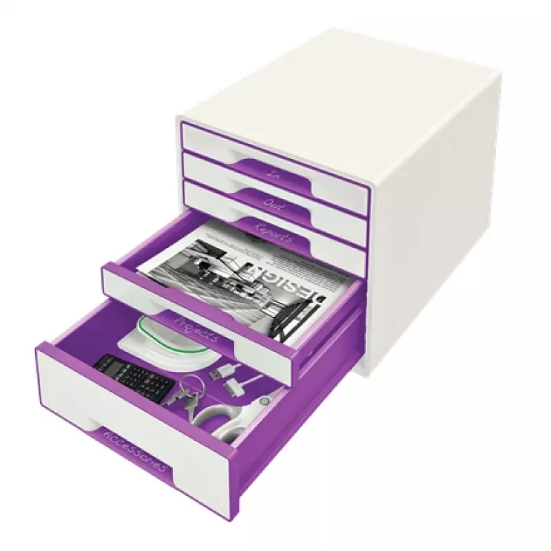 Leitz atvilktņu skapītis WOW Cube 5 atvilktņu, 5 atvilktnes, Plastmasa, Violeta, Balta, 1 gab., 287 mm, 270 mm