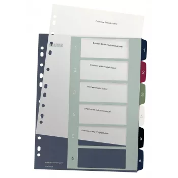 Leitz Index PC Printable 1-6 Style PP A4+, skaitļu iedalījuma rādītājs, Polipropilēns (PP), Daudzkrāsains, Portrets, A4 Maxi, 245 mm