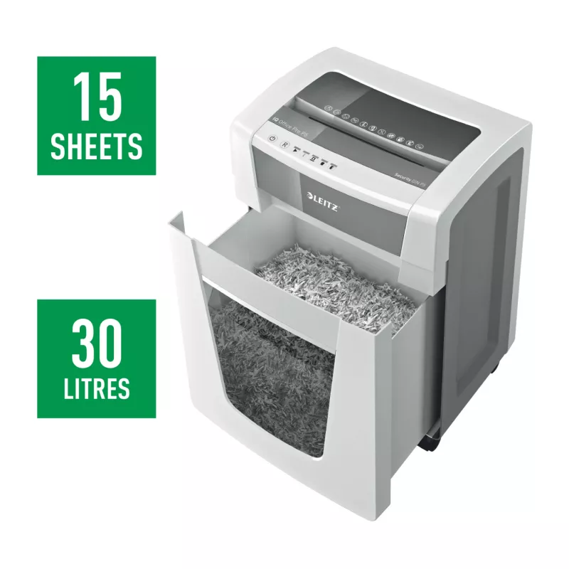 Leitz IQ Office Pro papīra smalcinātājs P5, mikroizgriezuma smalcināšana, 23 cm, 2 x 15 mm, 30 L, 300 loksnes, 55 dB