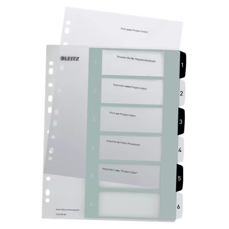 Leitz Indices Printable PP A4+ 1-6 WOW White/Melns, Ciparu iedaļu indekss, Polipropilēns (PP), Melns, Balts, A4 Maxi, 245 mm, 305 mm