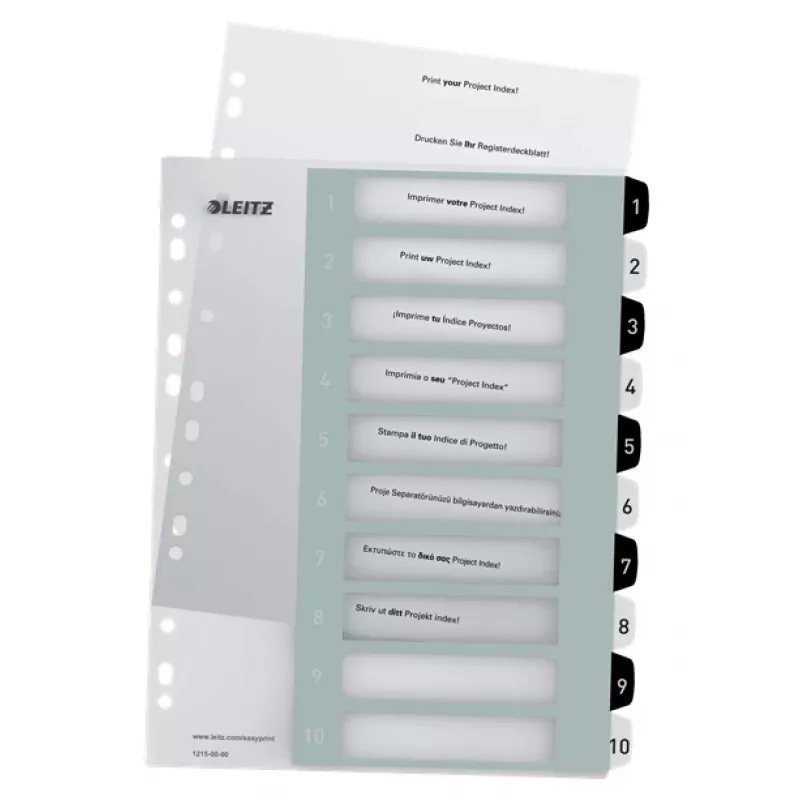 Leitz Indices Printable PP A4+ 1-10 WOW White/Melns, ciparu tabulas indekss, polipropilēns (PP), melns, balts, A4 Maxi, 245 mm, 305 mm
