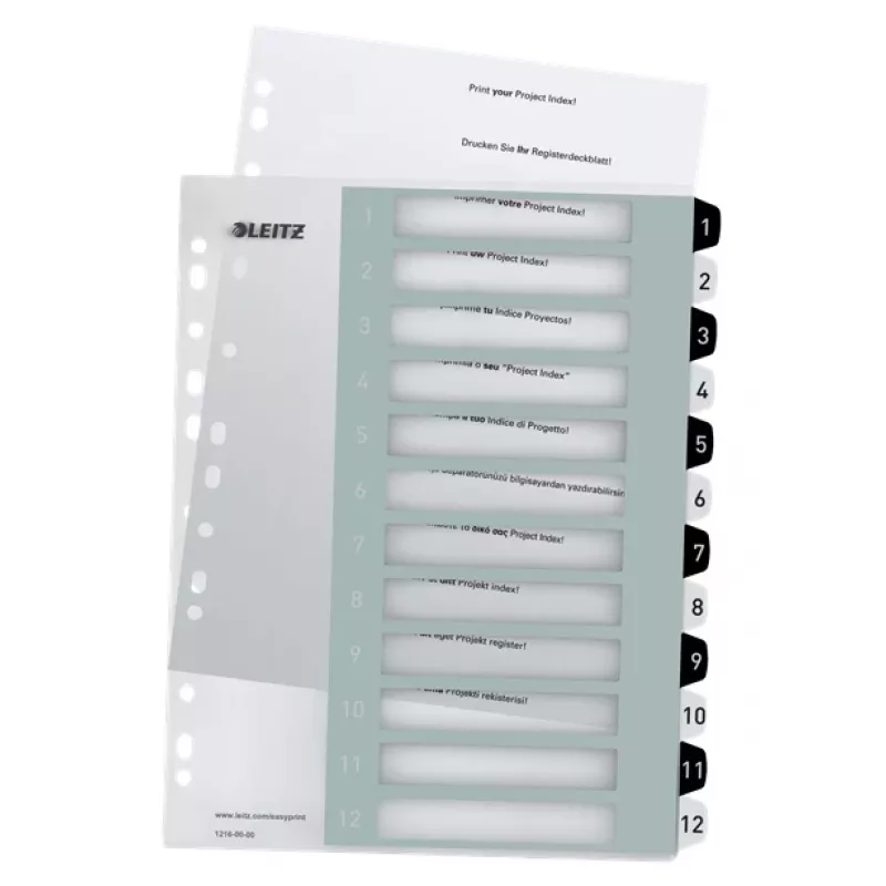 Leitz Indices Printable PP A4+ 1-12 WOW White/Melns, skaitlisks sadalītājs, polipropilēns (PP), melna, balta, A4 Maxi, 245 mm, 305 mm