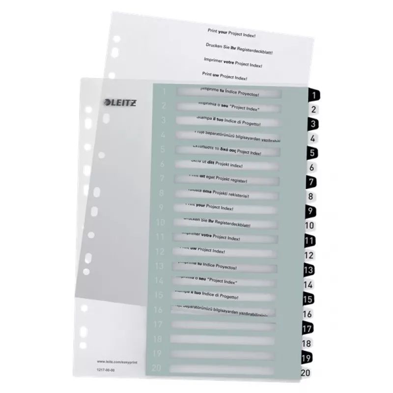 Leitz Indices Printable PP A4+ 1-20 WOW White/Melns, numerācijas cilnes, polipropilēns (PP), melna, balta, A4 Maxi, 245 mm, 305 mm