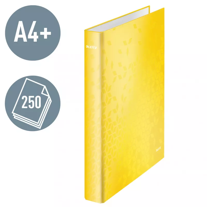 Leitz aktu vāciņš WOW laminēts A4+ 2DR/25mm, A4+, D-riņķa, kartons, dzeltens, 250 lapu, 80 g/m²